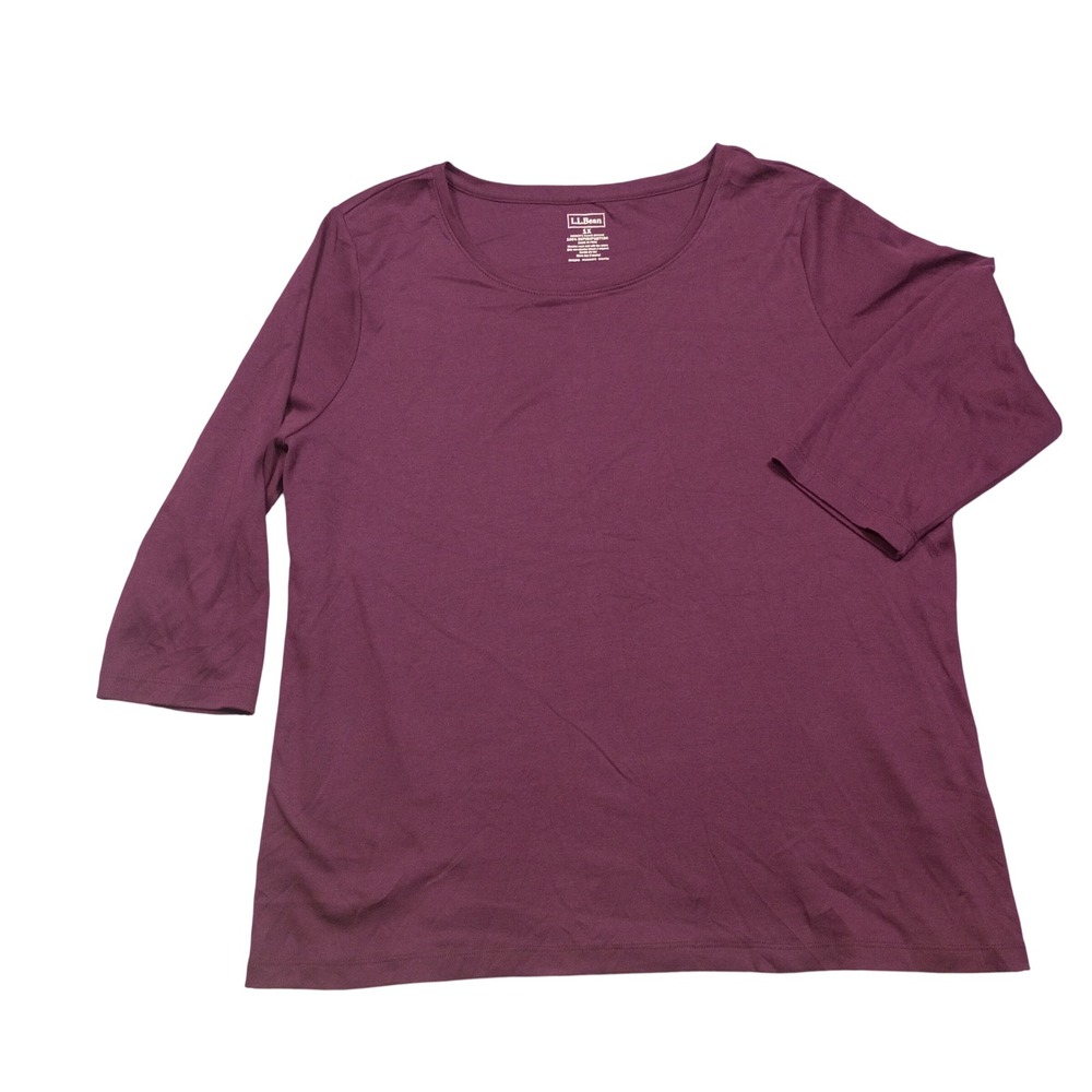 LL Bean Tee Womens 1X 3/4 Sleeve Supima Cotton Plum Purple Solid Basic 501645